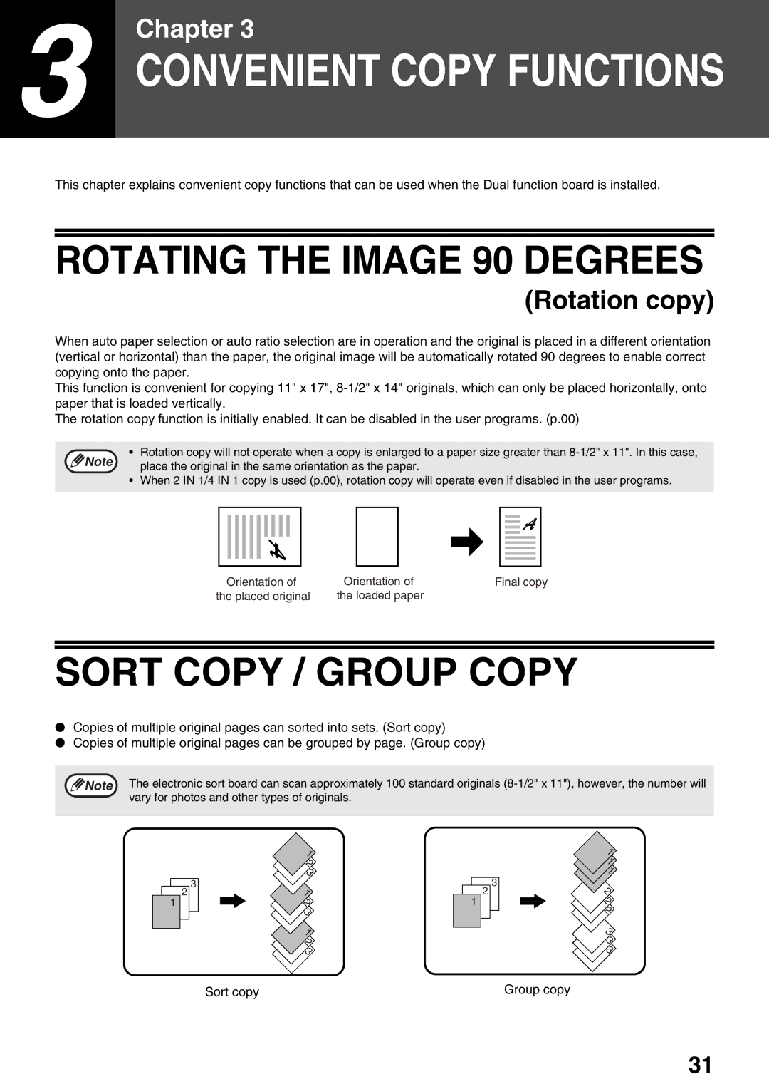 Sharp AR-M160, AR-M205 operation manual Rotating the Image 90 Degrees, Sort Copy / Group Copy 