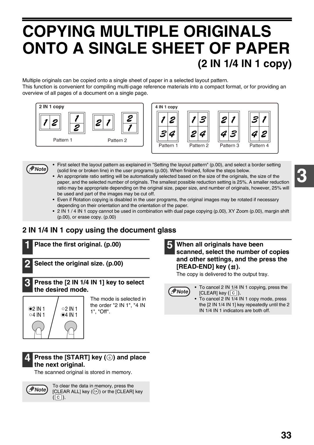 Sharp AR-M160, AR-M205 Copying Multiple Originals Onto a Single Sheet of Paper, 1/4 in 1 copy using the document glass 