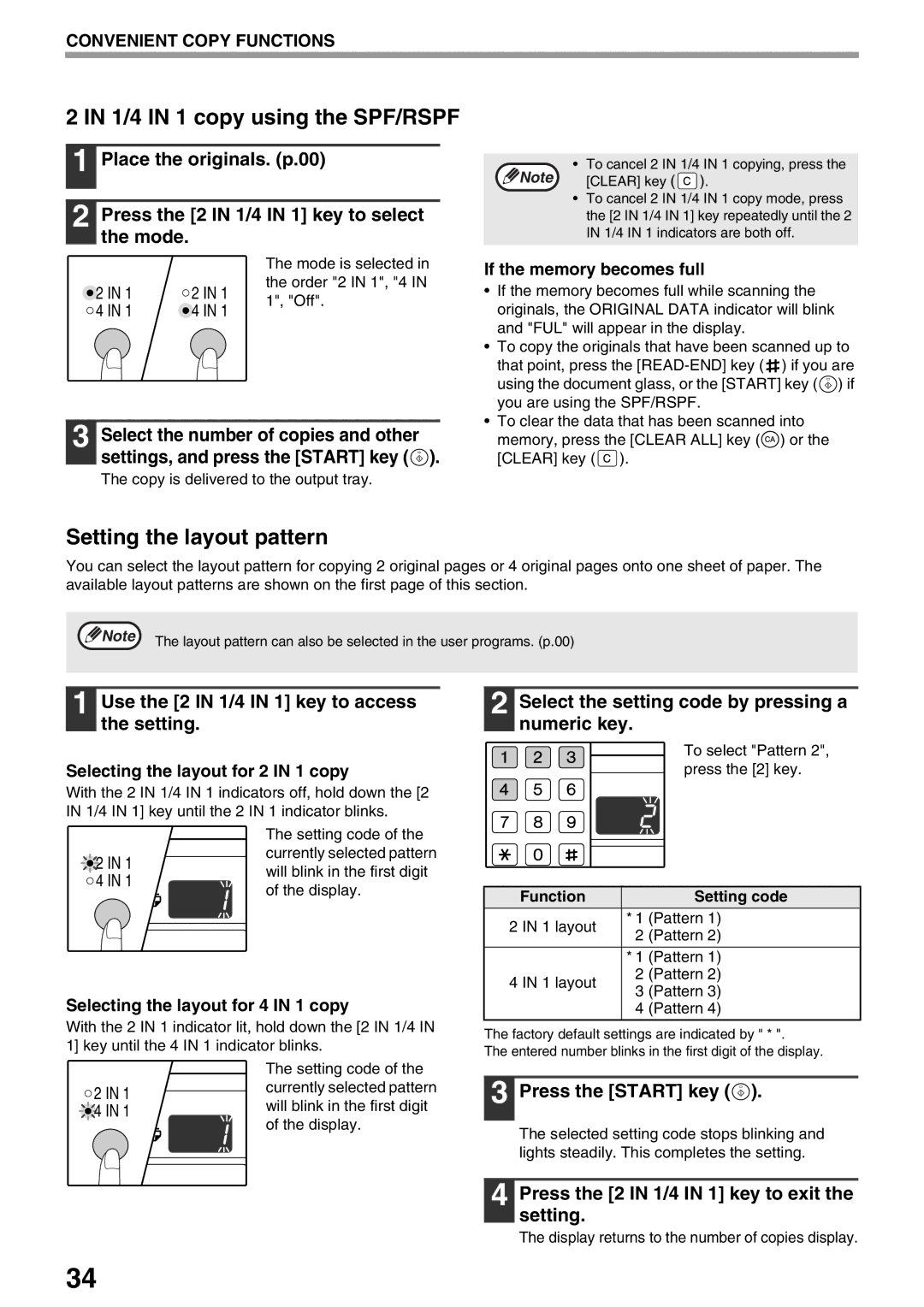 Sharp AR-M205, AR-M160 operation manual 1/4 in 1 copy using the SPF/RSPF, Setting the layout pattern 