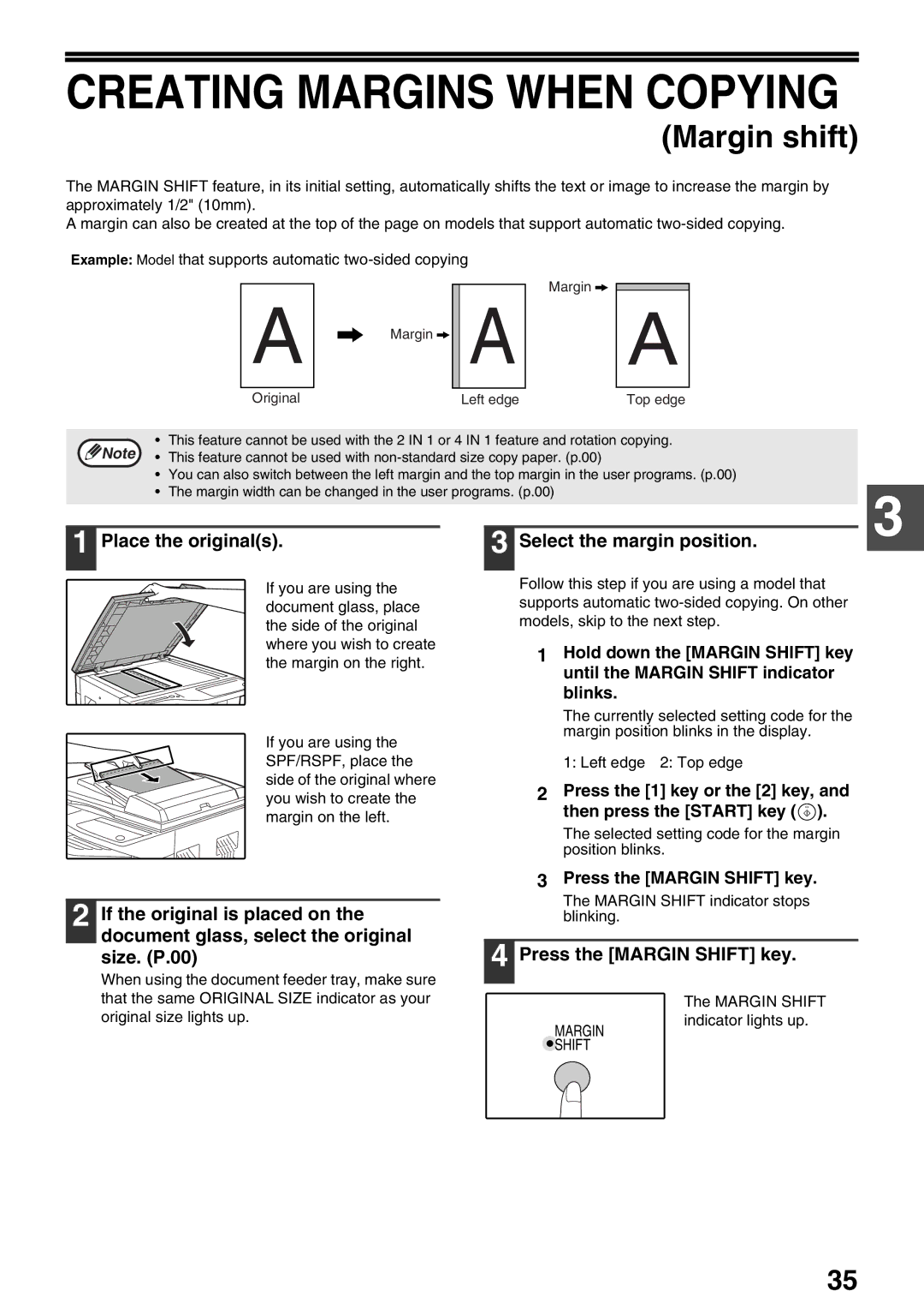 Sharp AR-M160 Creating Margins When Copying, Place the originals Select the margin position, Press the Margin Shift key 