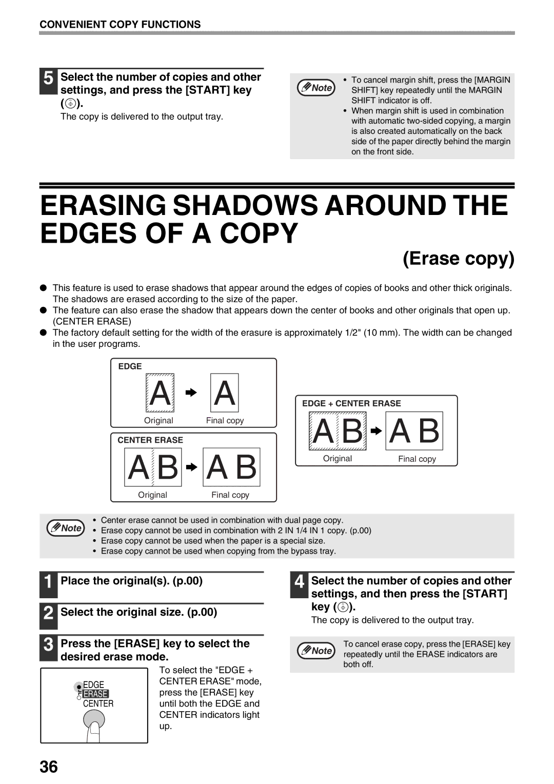 Sharp AR-M205, AR-M160 operation manual Erasing Shadows around the Edges of a Copy, Select the number of copies and other 