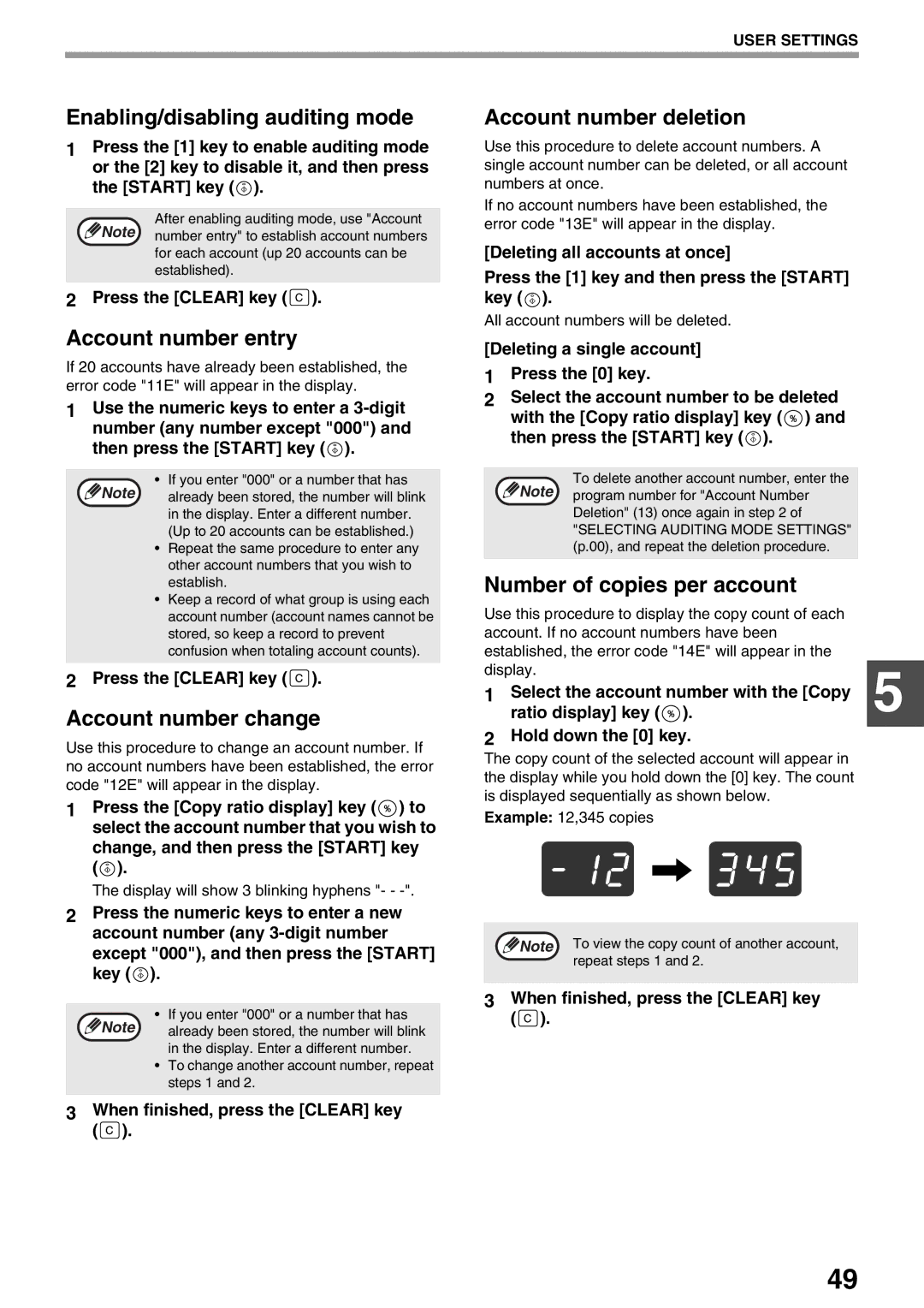 Sharp AR-M160 Enabling/disabling auditing mode, Account number deletion, Account number entry, Account number change 