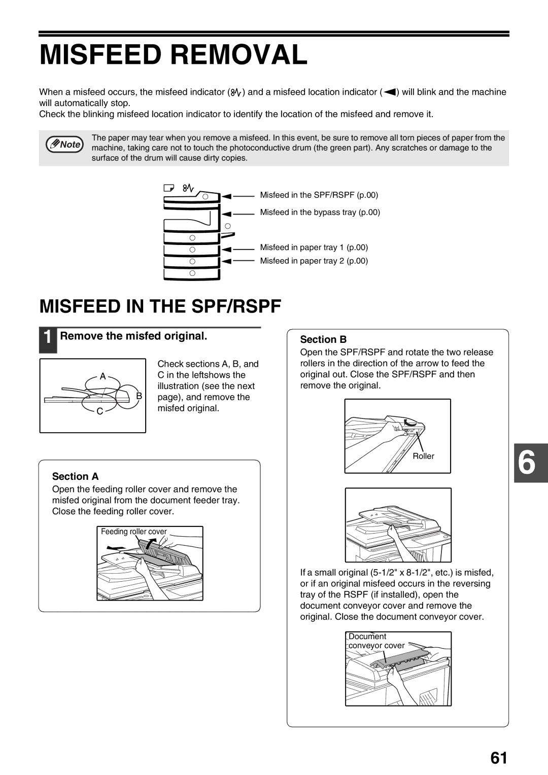 Sharp AR-M160, AR-M205 Misfeed Removal, Misfeed in the SPF/RSPF, Remove the misfed original, Section a, Section B 