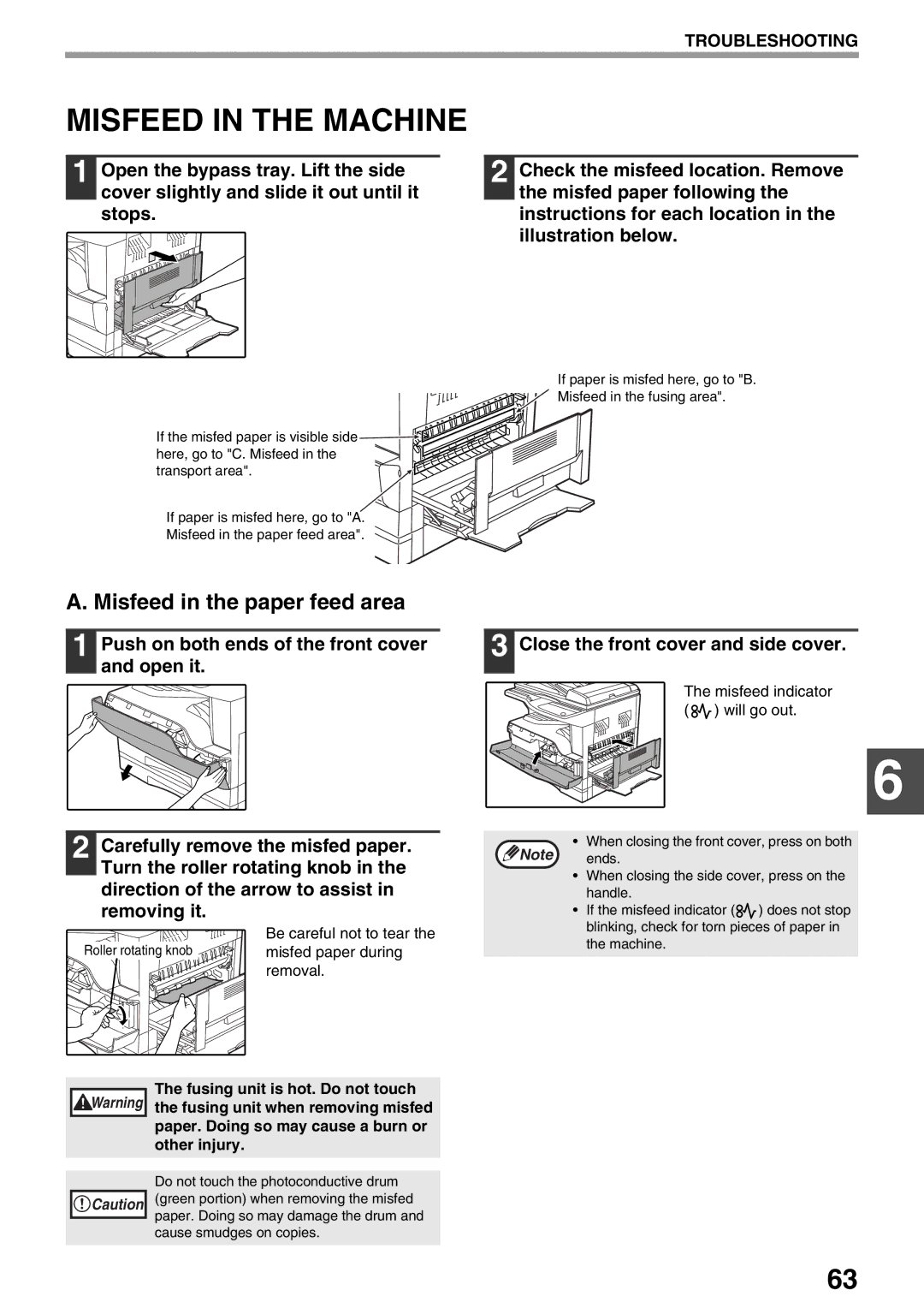 Sharp AR-M160, AR-M205 Misfeed in the Machine, Misfeed in the paper feed area, Close the front cover and side cover 