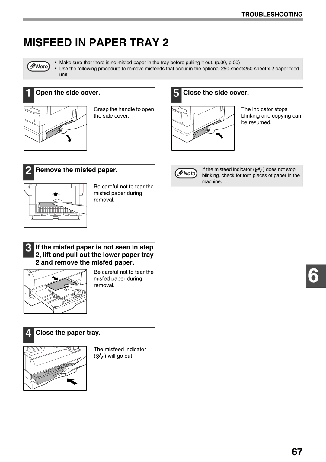 Sharp AR-M160, AR-M205 operation manual Open the side cover Close the side cover, Remove the misfed paper 