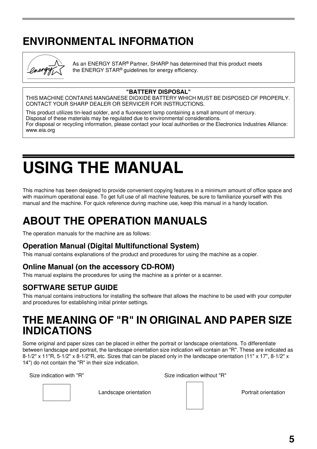 Sharp AR-M160, AR-M205 Using the Manual, Environmental Information, Meaning of R in Original and Paper Size Indications 