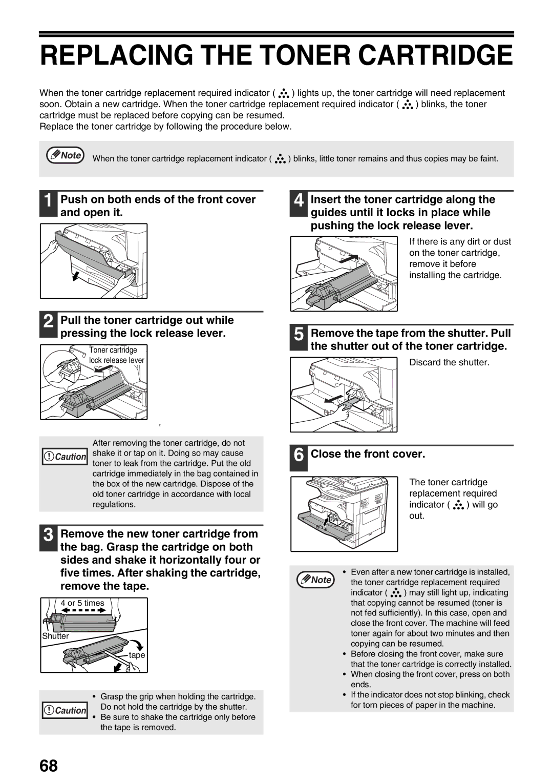 Sharp AR-M205, AR-M160 operation manual Replacing the Toner Cartridge, Close the front cover, Discard the shutter 