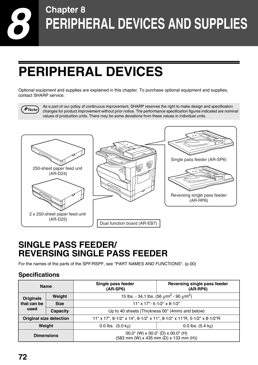 Sharp AR-M205, AR-M160 operation manual Peripheral Devices, Single Pass Feeder Reversing Single Pass Feeder, Specifications 