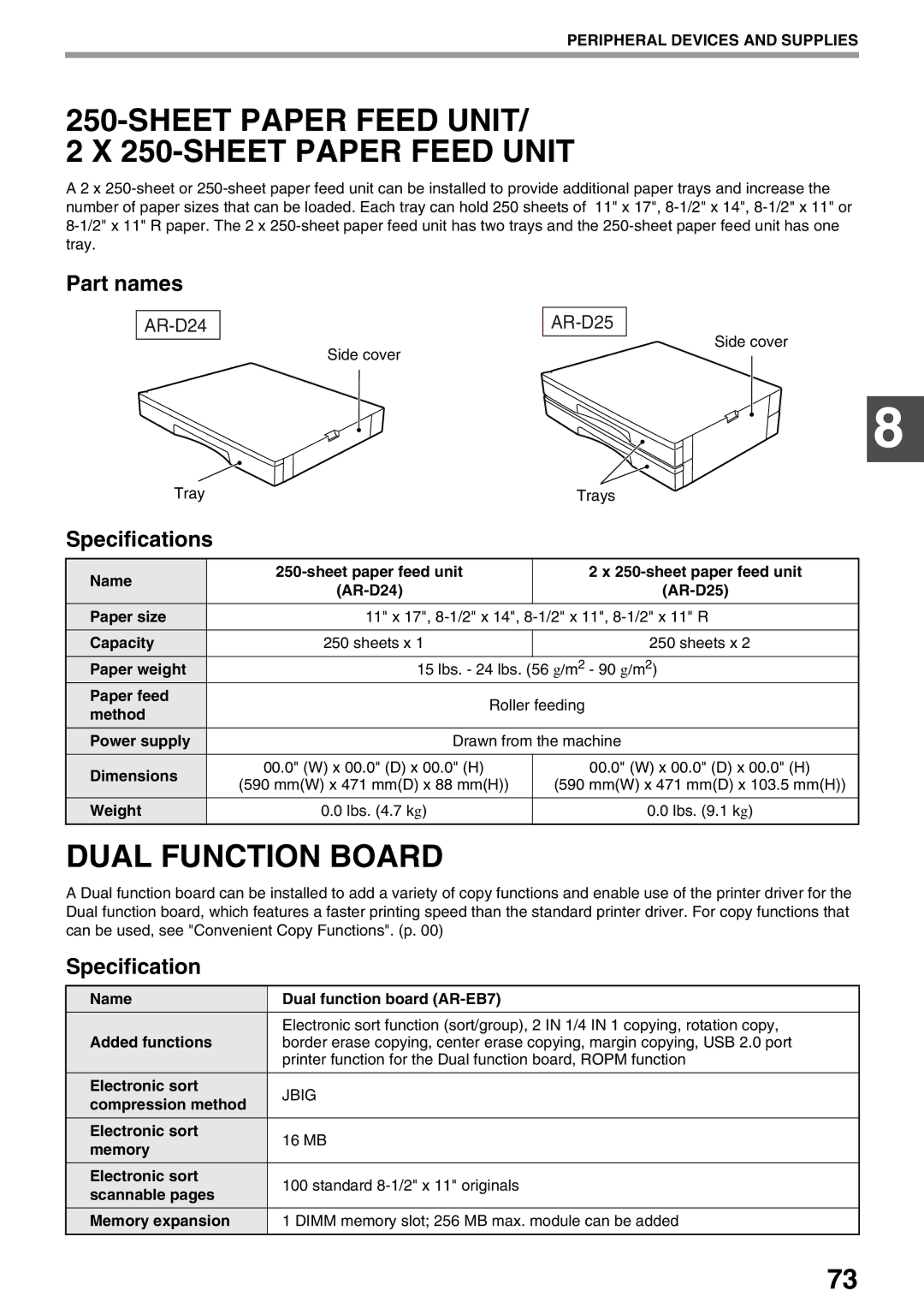 Sharp AR-M160, AR-M205 Sheet Paper Feed Unit 250-SHEET Paper Feed Unit, Dual Function Board, Part names, Specification 