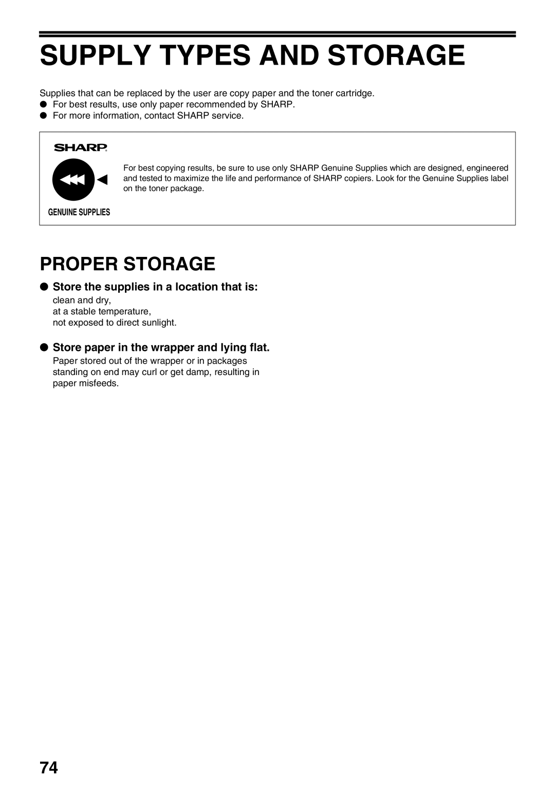 Sharp AR-M205, AR-M160 operation manual Supply Types and Storage, Proper Storage, Store the supplies in a location that is 