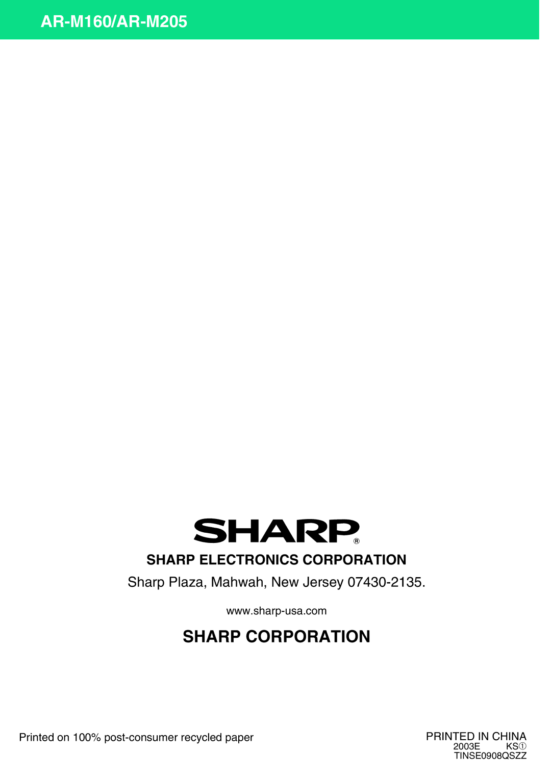 Sharp AR-M205, AR-M160 operation manual Sharp Corporation 