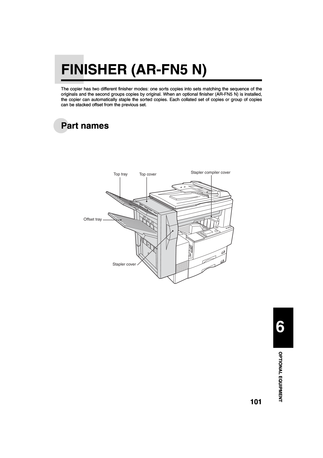 Sharp AR-M208 operation manual FINISHER AR-FN5 N, Part names 