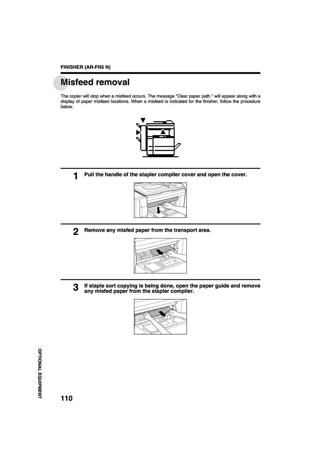 Sharp AR-M208 operation manual Misfeed removal, Pull the handle of the stapler compiler cover and open the cover 