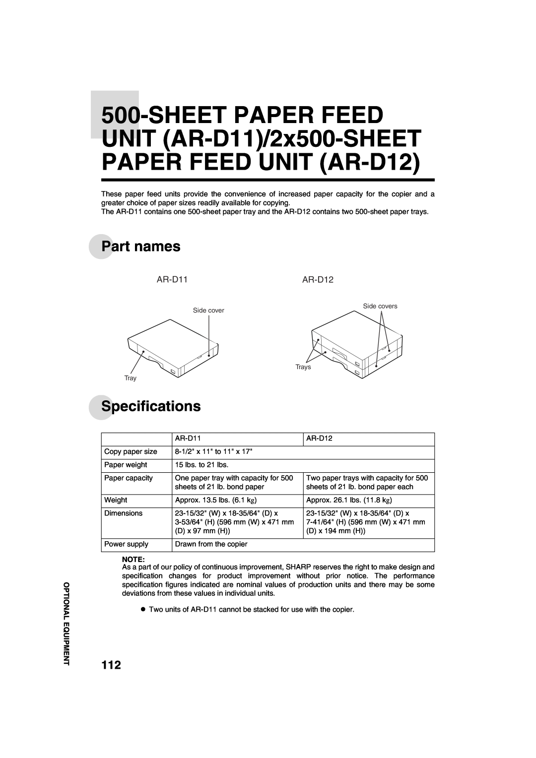 Sharp AR-M208 operation manual SHEET PAPER FEED UNIT AR-D11/2x500-SHEET PAPER FEED UNIT AR-D12, Part names, Specifications 