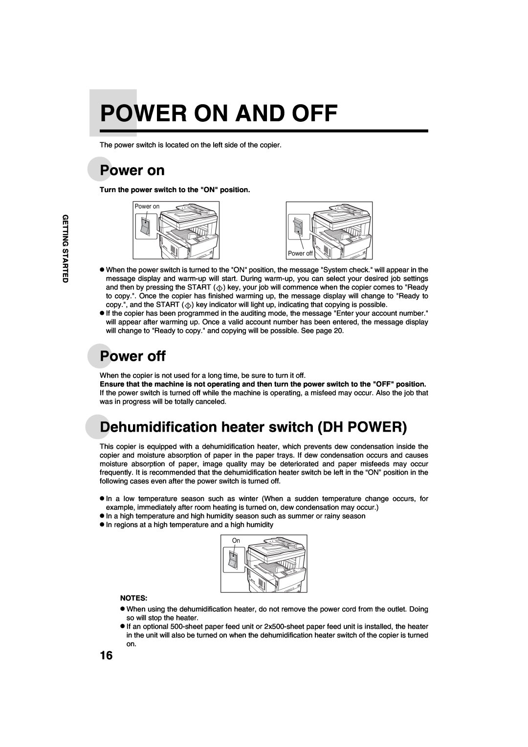 Sharp AR-M208 operation manual Power On And Off, Power on, Power off, Dehumidification heater switch DH POWER 