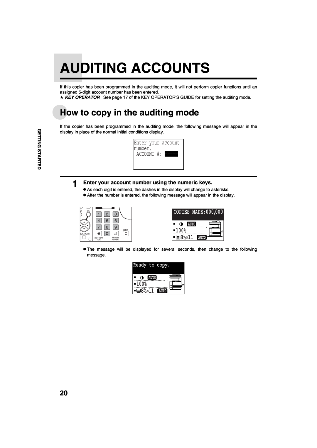 Sharp AR-M208 Auditing Accounts, How to copy in the auditing mode, COPIES MADE000,000, Account #, 100%, Ready to copy 