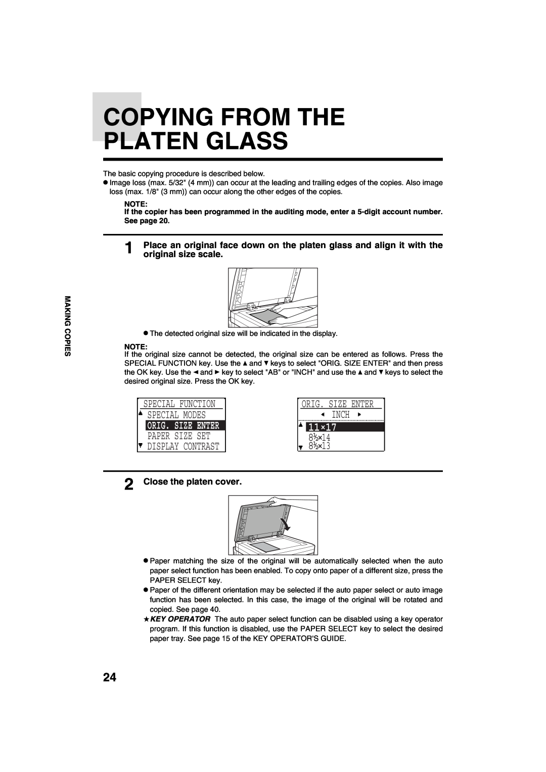 Sharp AR-M208 Copying From The Platen Glass, Inch, Special Modes, original size scale, Close the platen cover 