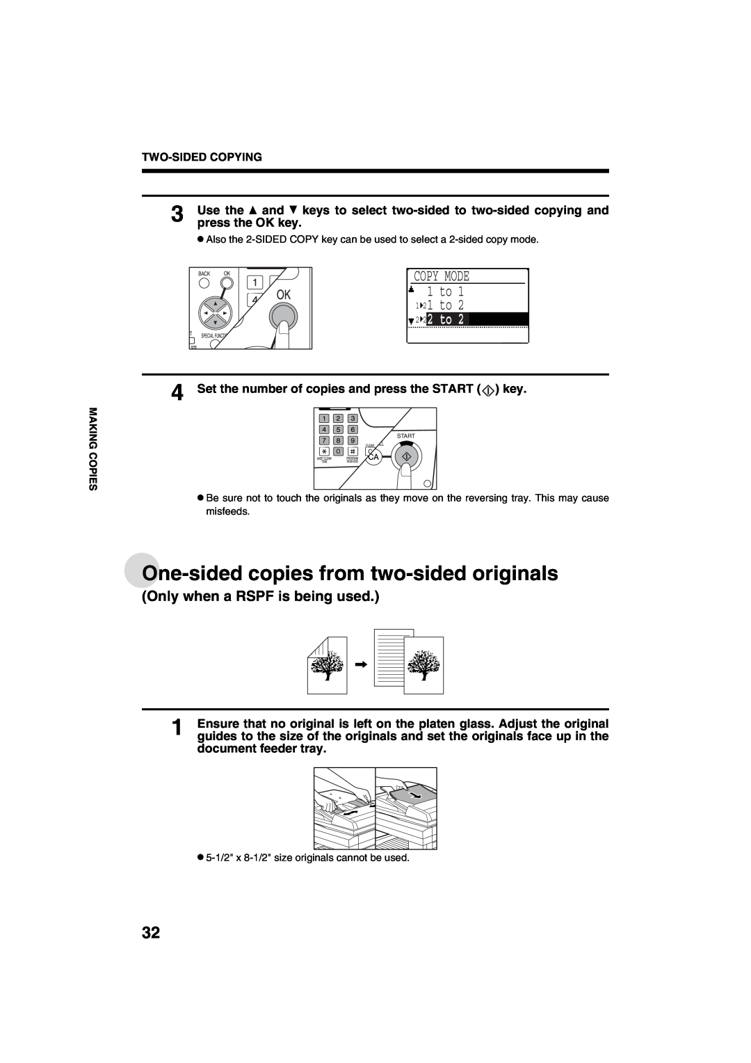 Sharp AR-M208 operation manual One-sided copies from two-sided originals, COPY MODE 1 to 1 21 to, 2 22 to, press the OK key 
