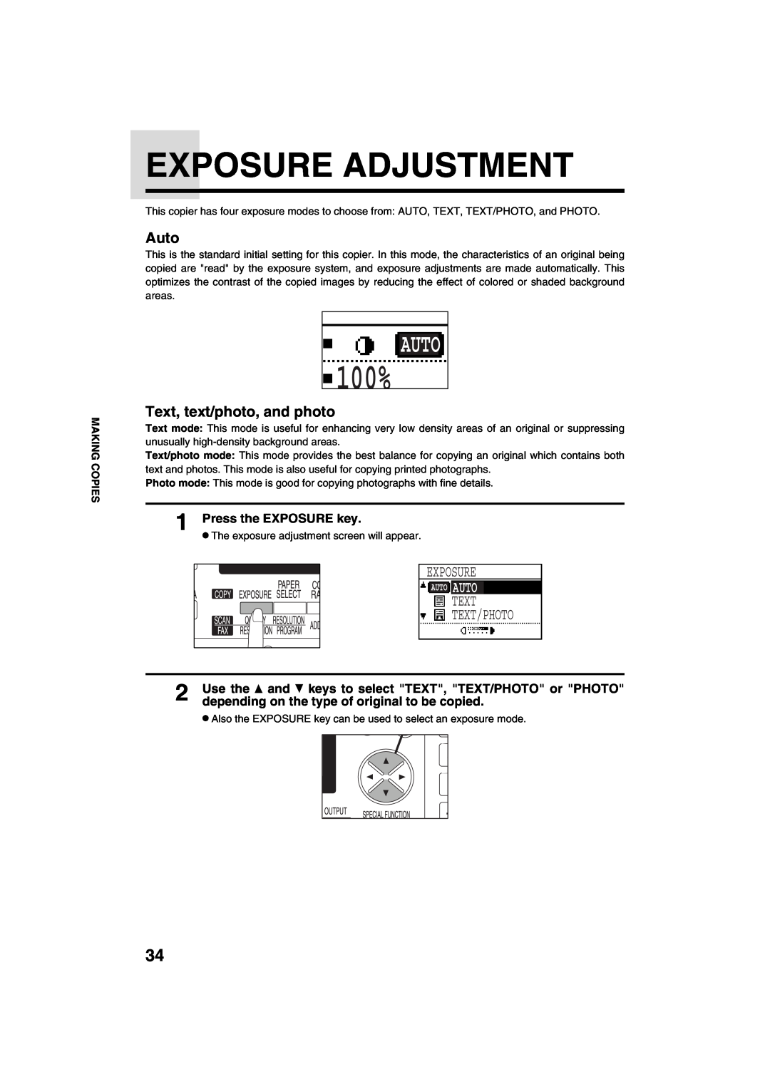 Sharp AR-M208 Exposure Adjustment, Text Text/Photo, Auto, Text, text/photo, and photo, Press the EXPOSURE key, 100% 