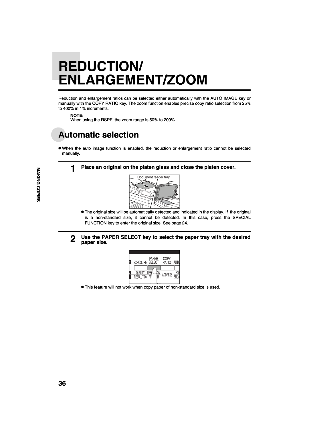 Sharp AR-M208 operation manual Reduction Enlargement/Zoom, Automatic selection, paper size 