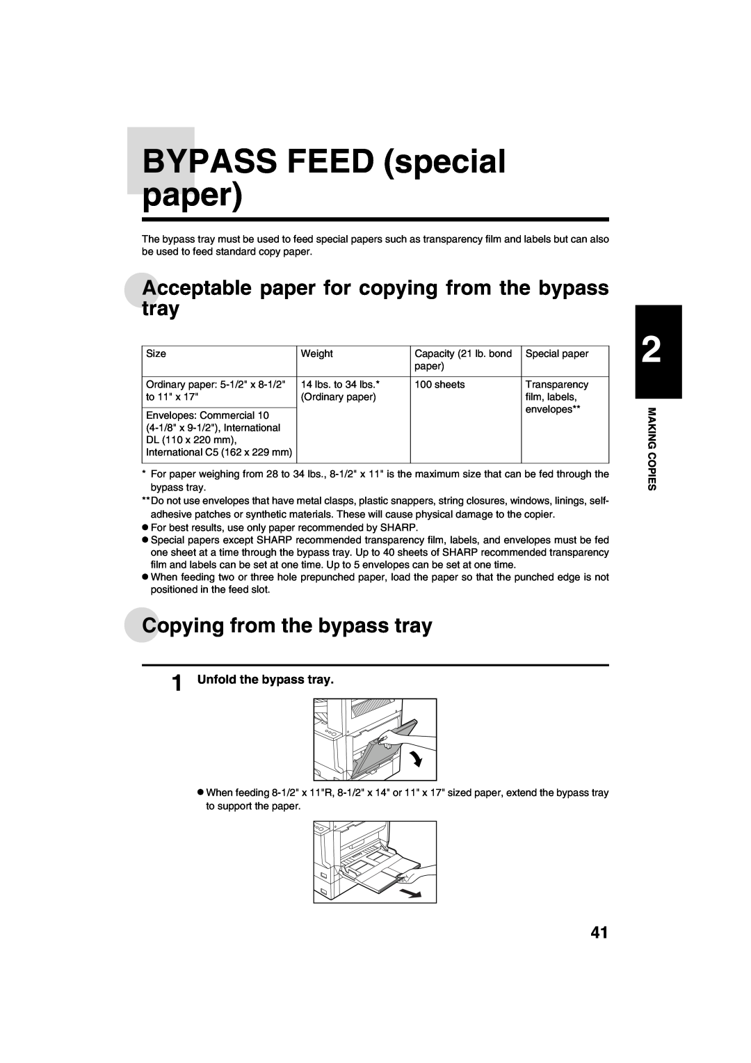 Sharp AR-M208 BYPASS FEED special paper, Acceptable paper for copying from the bypass tray, Copying from the bypass tray 