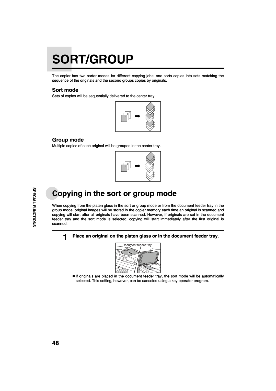 Sharp AR-M208 operation manual Sort/Group, Copying in the sort or group mode, Sort mode, Group mode 
