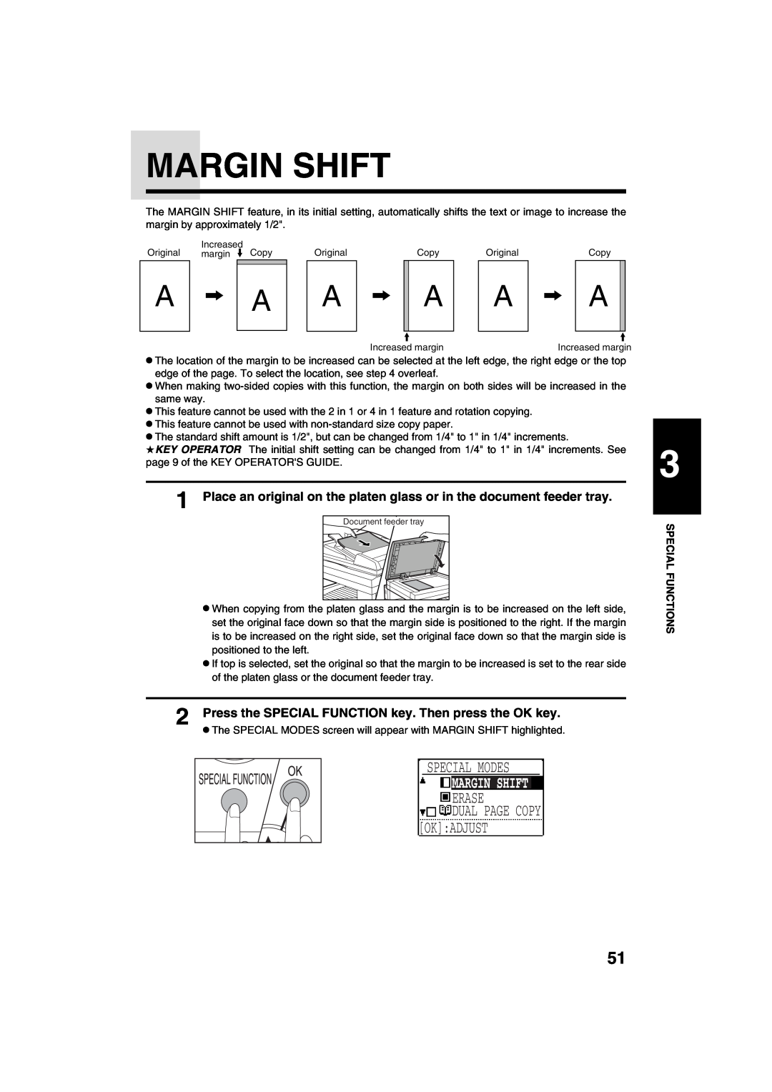 Sharp AR-M208 operation manual Margin Shift, Special Modes, Erase, Dual Page Copy Okadjust 