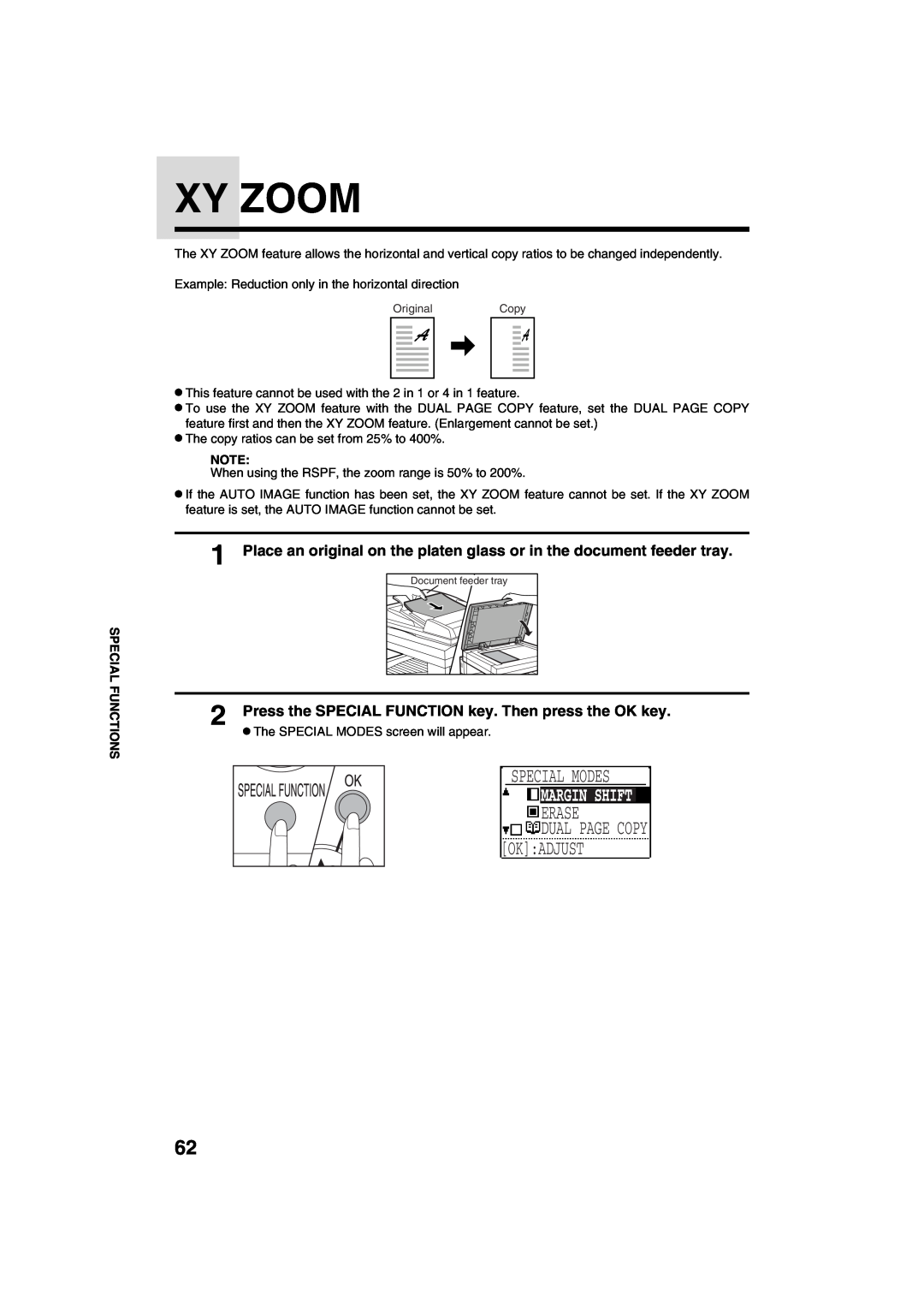 Sharp AR-M208 operation manual Xy Zoom, Special Modes, Margin Shift, Erase, Dual Page Copy Okadjust 