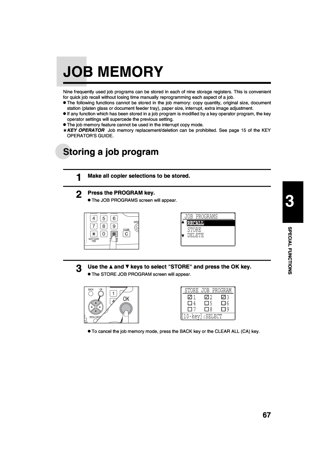 Sharp AR-M208 Job Memory, Storing a job program, Recall, Delete, Store Job Program, keySELECT, Press the PROGRAM key 