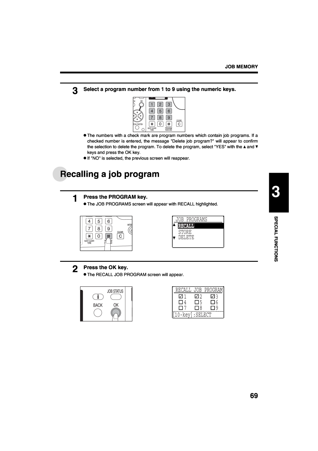 Sharp AR-M208 Recalling a job program, Recall Job Program, Select a program number from 1 to 9 using the numeric keys 