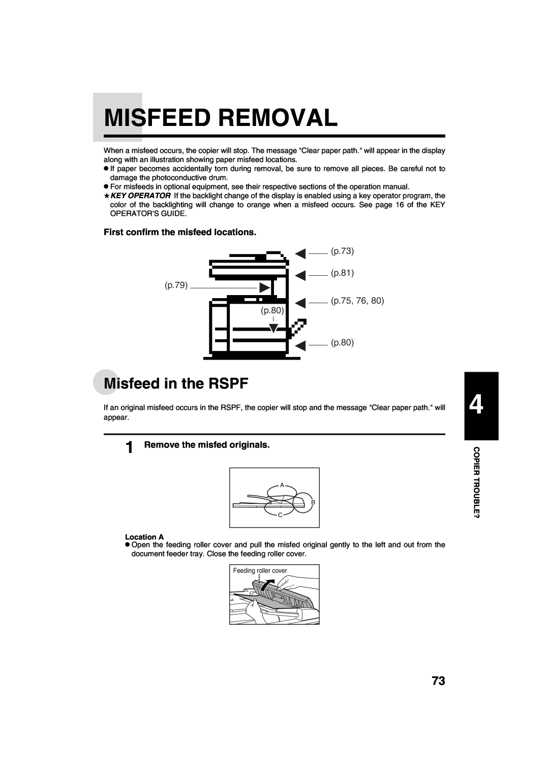 Sharp AR-M208 Misfeed Removal, Misfeed in the RSPF, First confirm the misfeed locations, Remove the misfed originals 