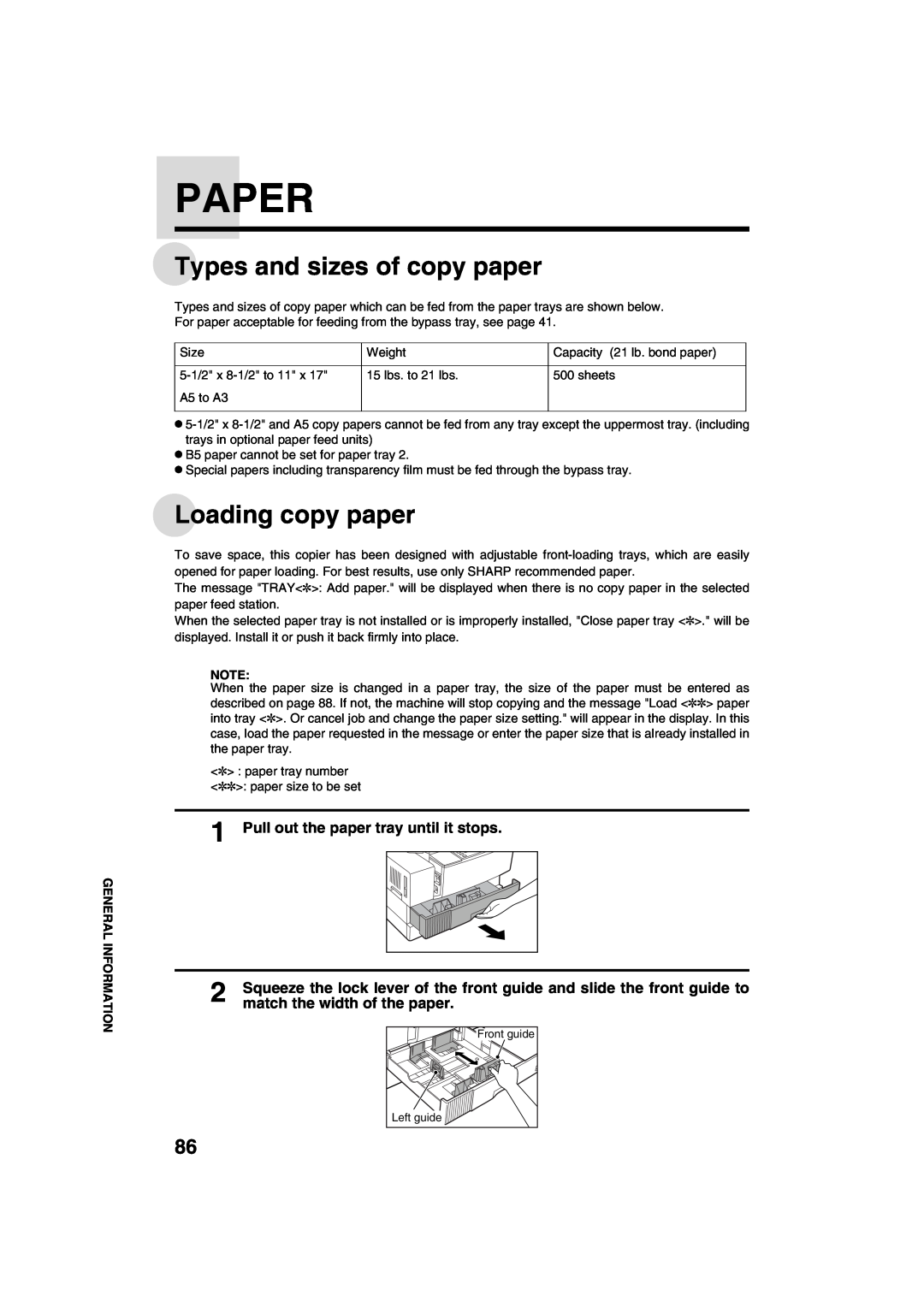 Sharp AR-M208 Paper, Types and sizes of copy paper, Loading copy paper, Pull out the paper tray until it stops 