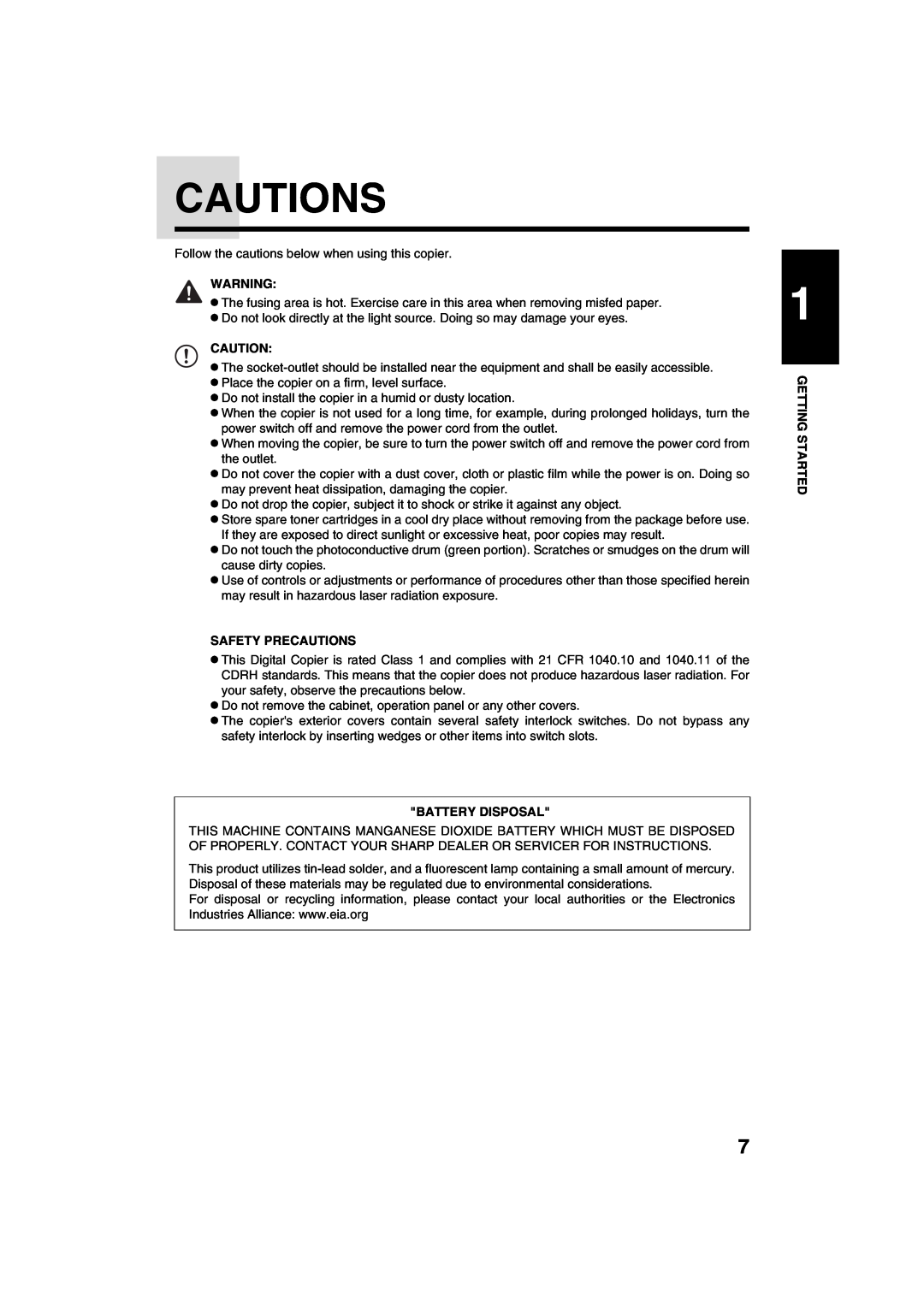 Sharp AR-M208 operation manual Cautions 