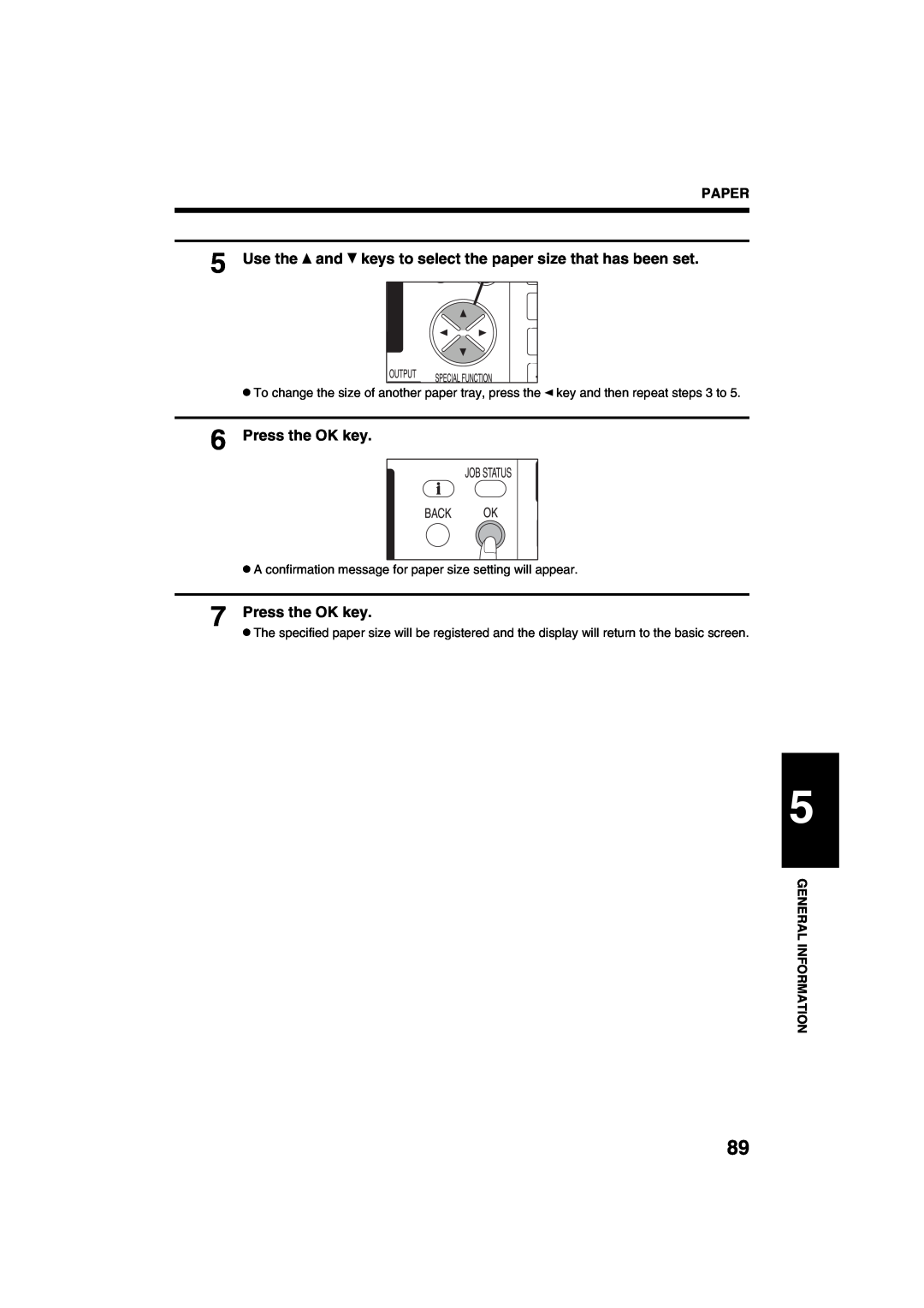 Sharp AR-M208 operation manual Use the and keys to select the paper size that has been set, Press the OK key, Paper 