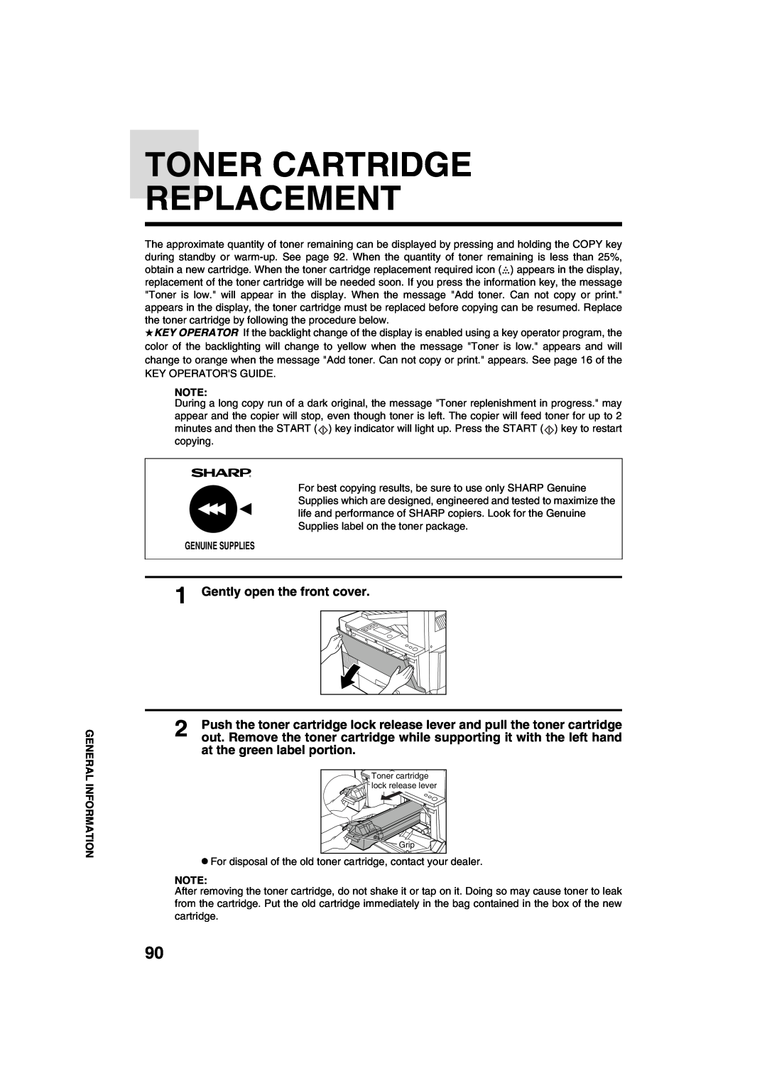Sharp AR-M208 operation manual Toner Cartridge Replacement, Gently open the front cover, at the green label portion 