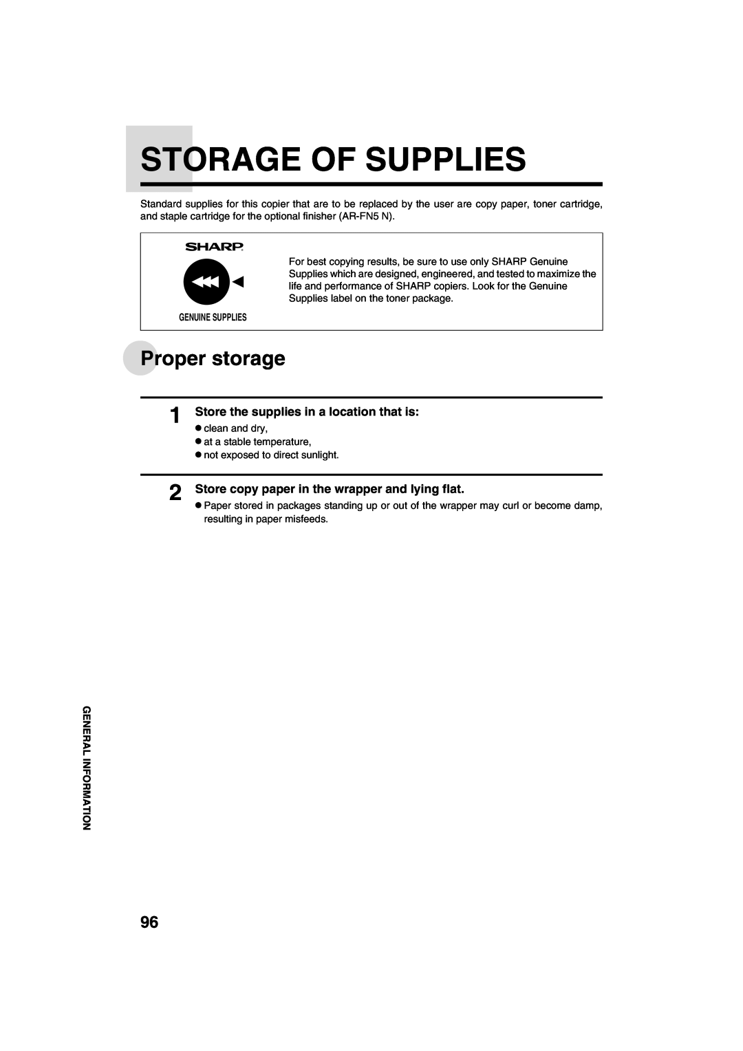 Sharp AR-M208 operation manual Storage Of Supplies, Proper storage, Store the supplies in a location that is 