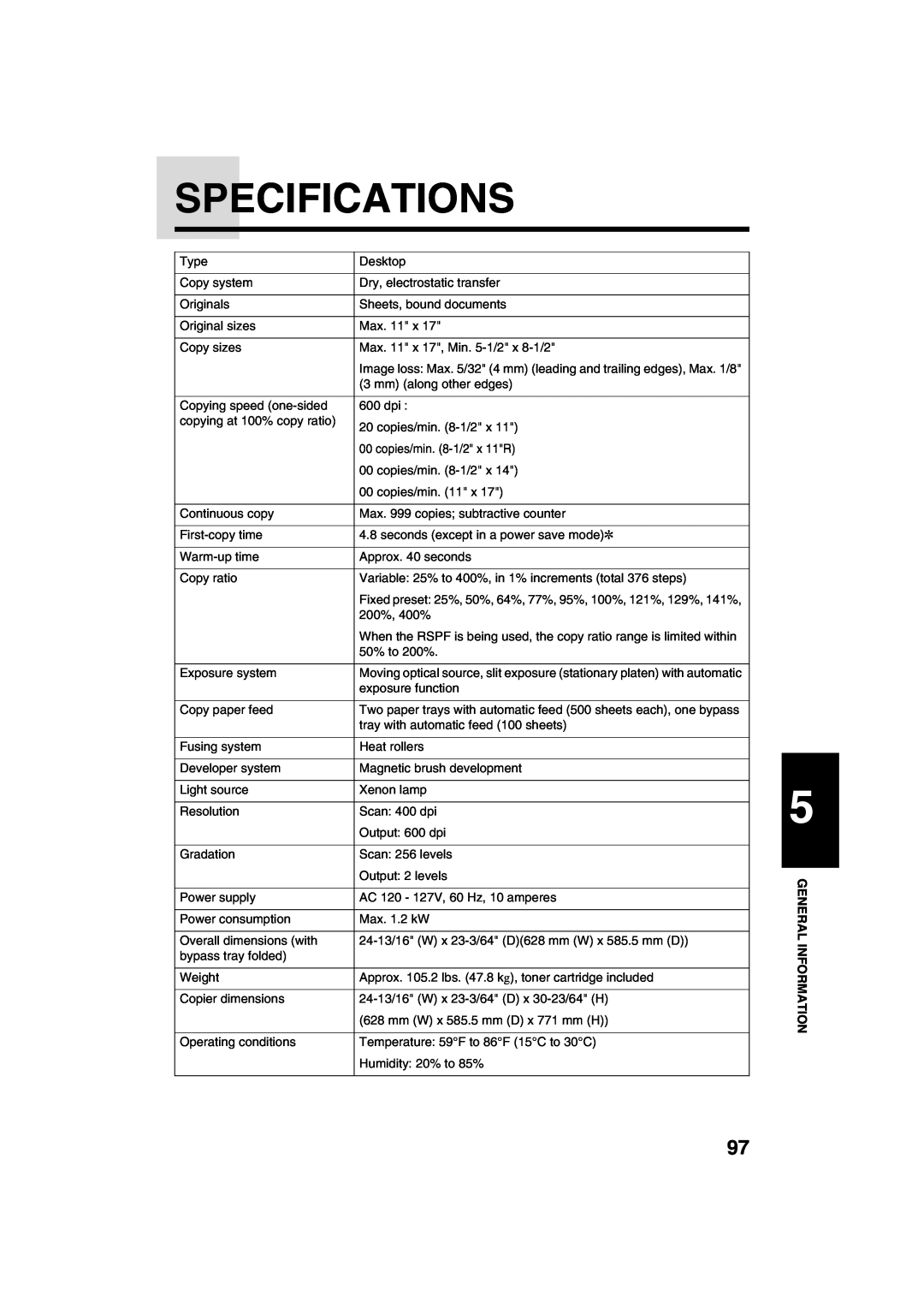 Sharp AR-M208 operation manual Specifications, General Information 