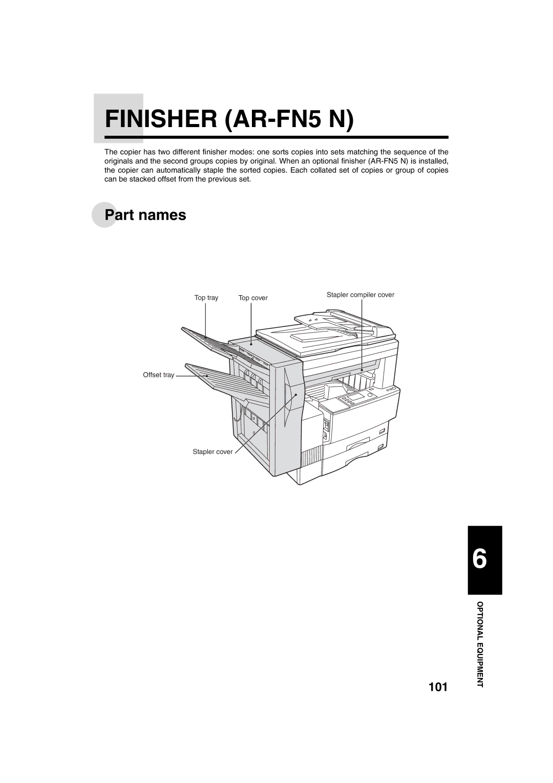 Sharp AR-M208 operation manual Finisher AR-FN5 N, Part names 