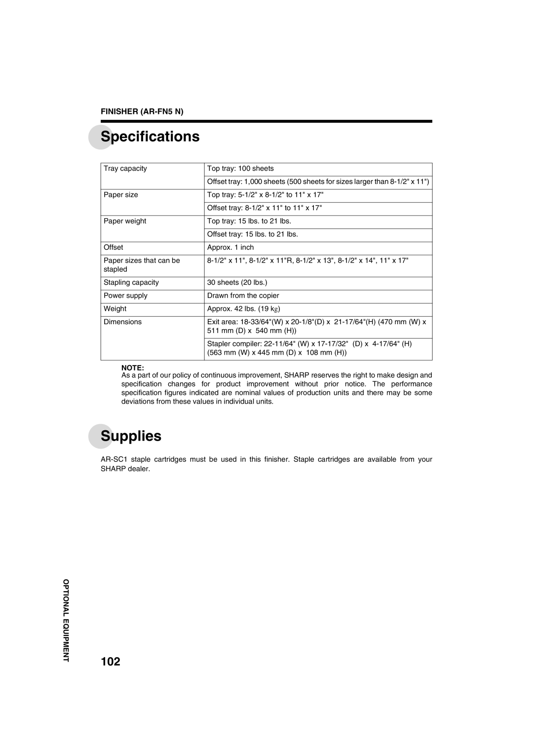 Sharp AR-M208 operation manual Specifications, Supplies, 102 