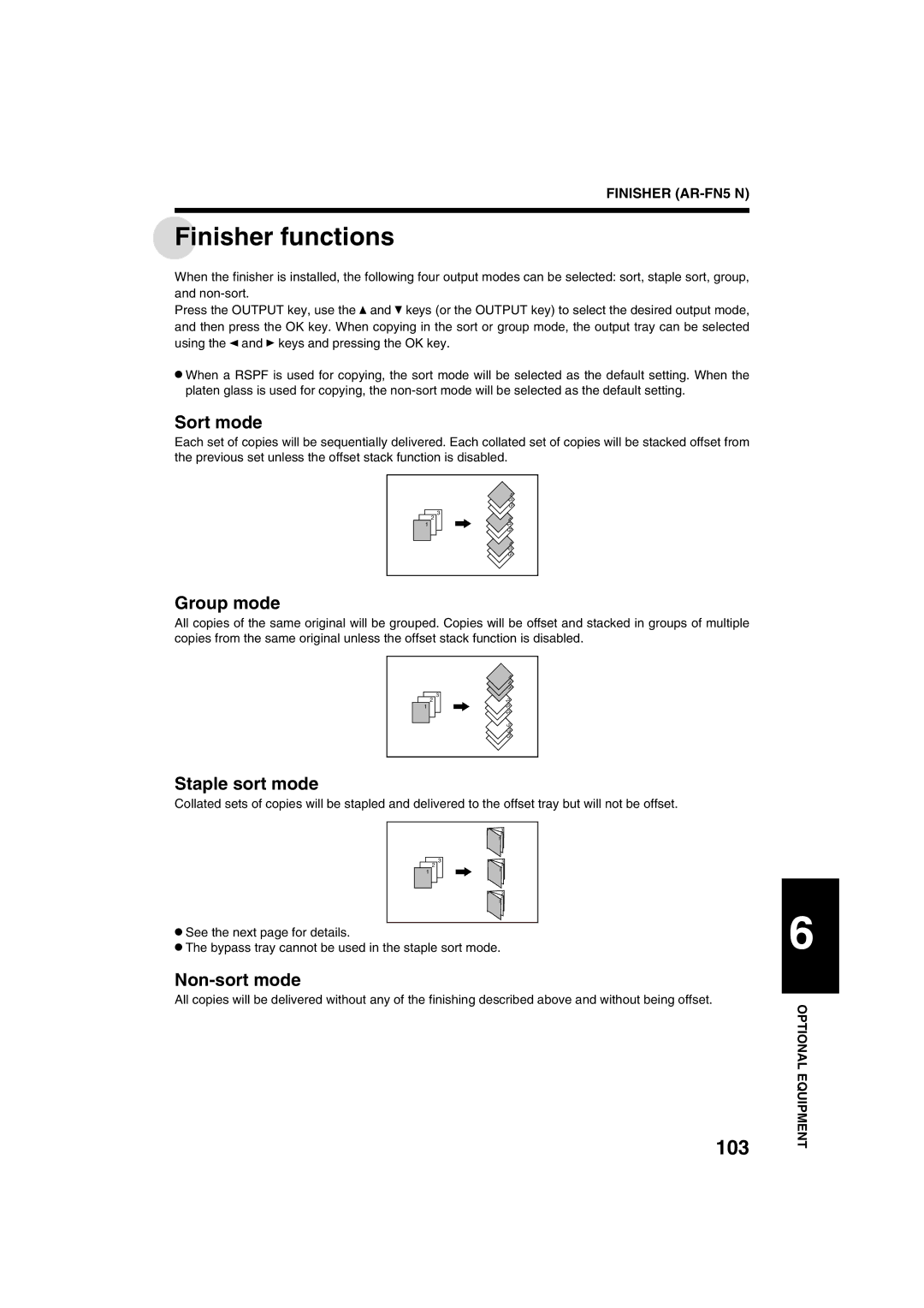 Sharp AR-M208 operation manual Finisher functions, Staple sort mode, Non-sort mode 