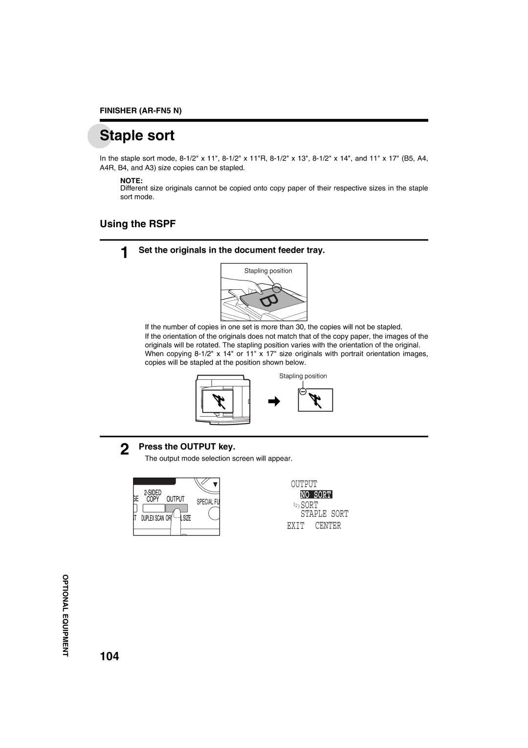 Sharp AR-M208 Staple sort, Output, Staple Sort Exit Center, 104, Set the originals in the document feeder tray 