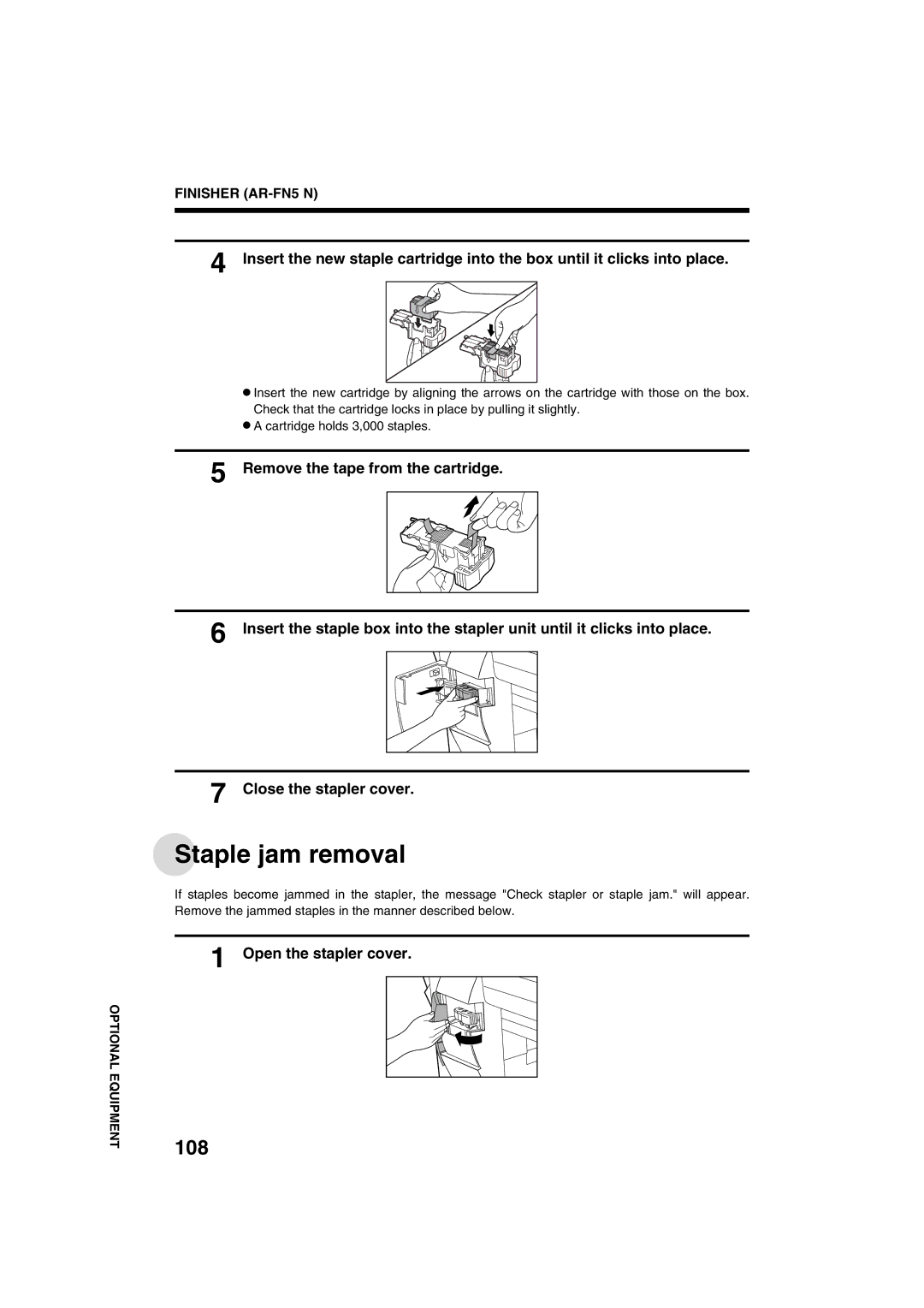 Sharp AR-M208 operation manual Staple jam removal, 108, Open the stapler cover 