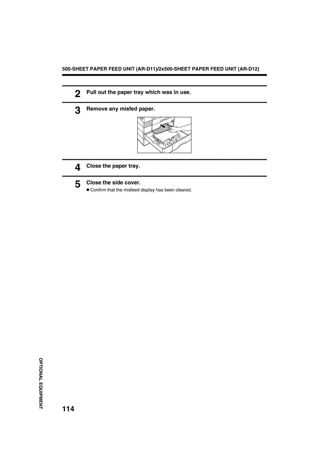 Sharp AR-M208 operation manual 114, Pull out the paper tray which was in use, Remove any misfed paper 