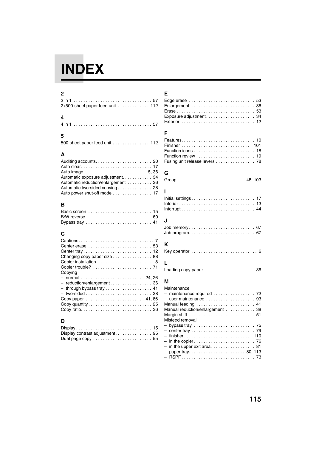 Sharp AR-M208 operation manual Index, 115 