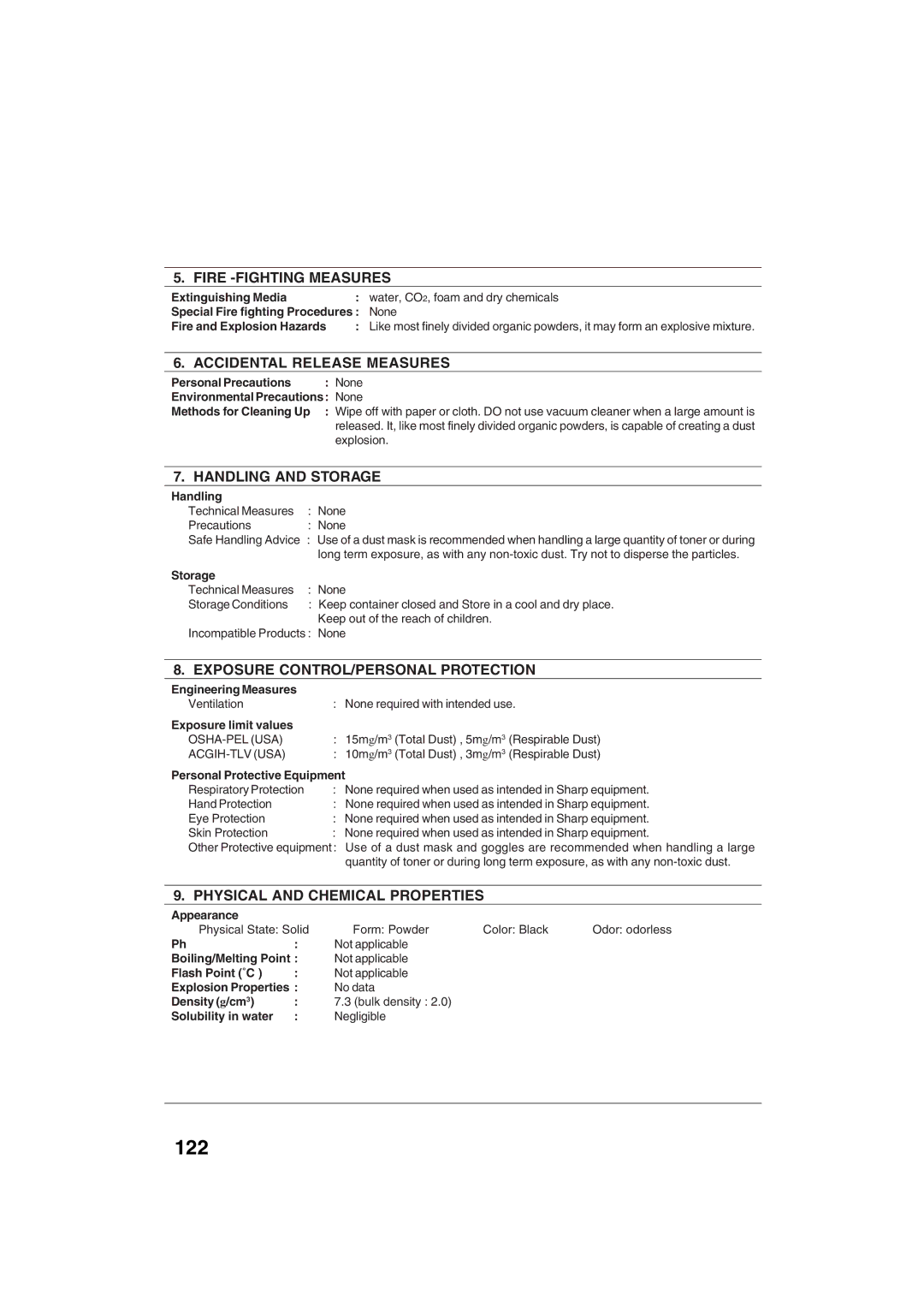 Sharp AR-M208 operation manual 122, Extinguishing Media Water, CO2, foam and dry chemicals 