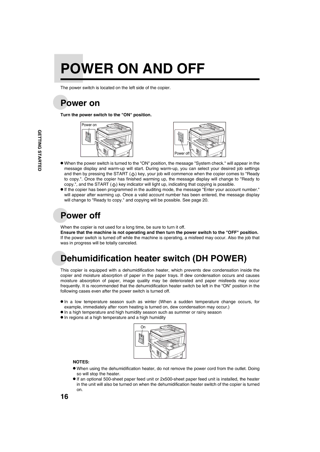 Sharp AR-M208 operation manual Power on and OFF, Power off, Dehumidification heater switch DH Power 