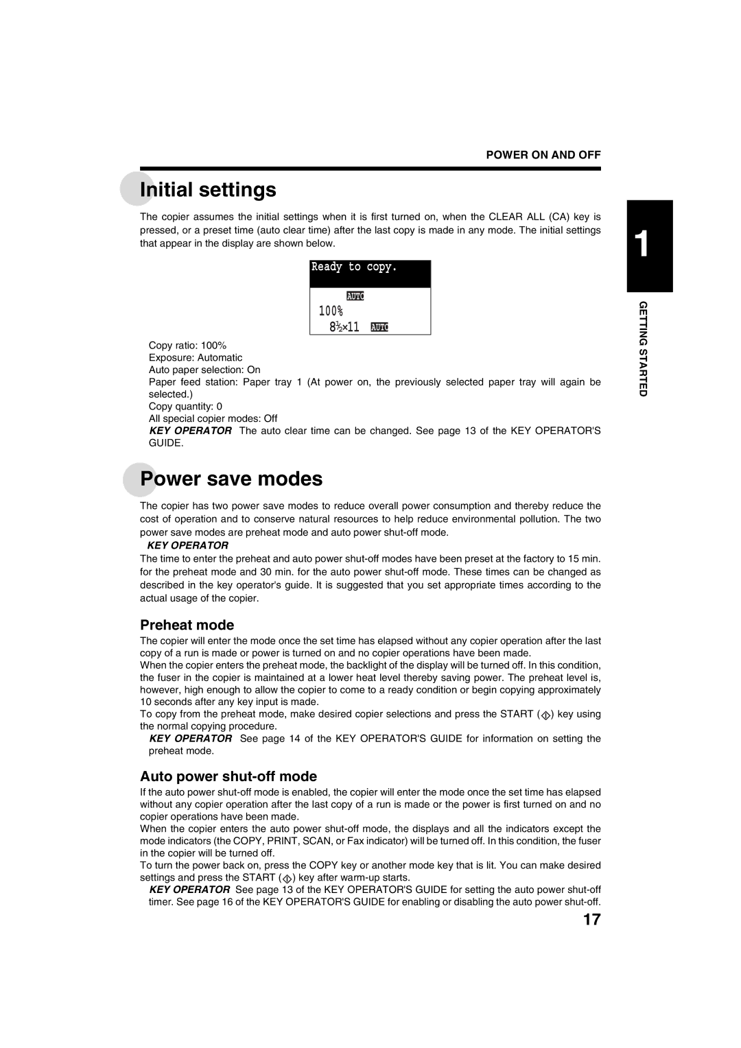 Sharp AR-M208 operation manual Initial settings, Power save modes, Preheat mode, Auto power shut-off mode 