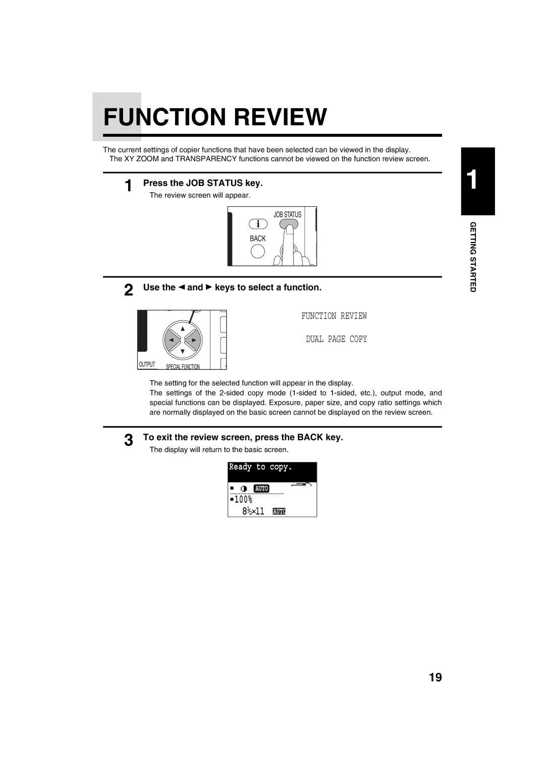 Sharp AR-M208 operation manual Function Review, Press the JOB Status key, Use the and keys to select a function 