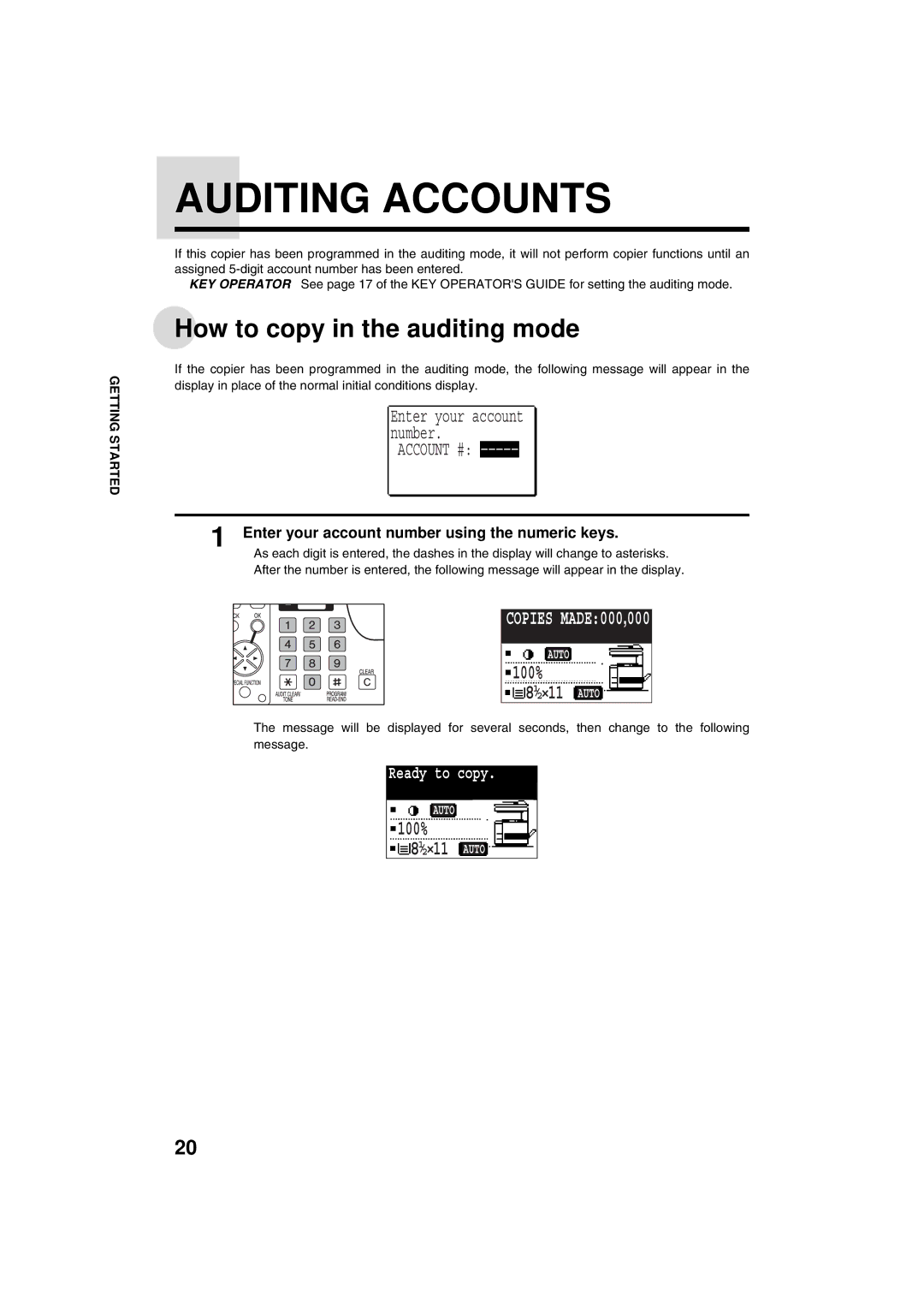 Sharp AR-M208 Auditing Accounts, How to copy in the auditing mode, Enter your account number using the numeric keys 