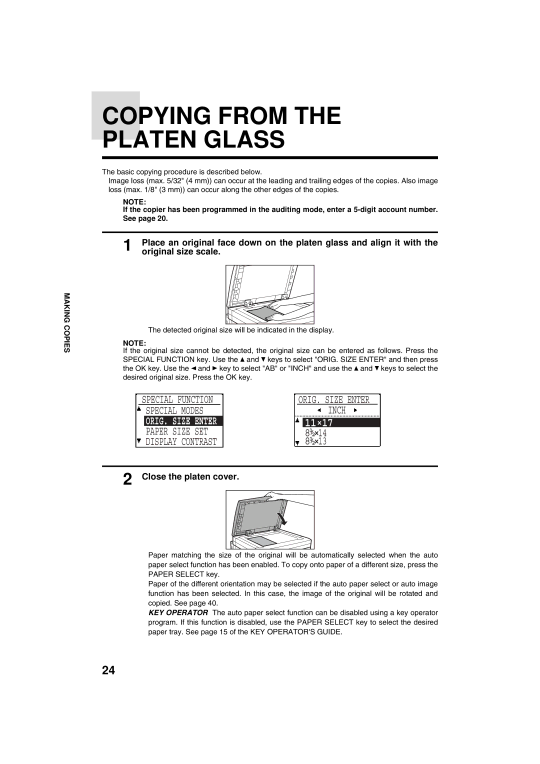 Sharp AR-M208 operation manual Copying from Platen Glass, Original size scale, Close the platen cover 